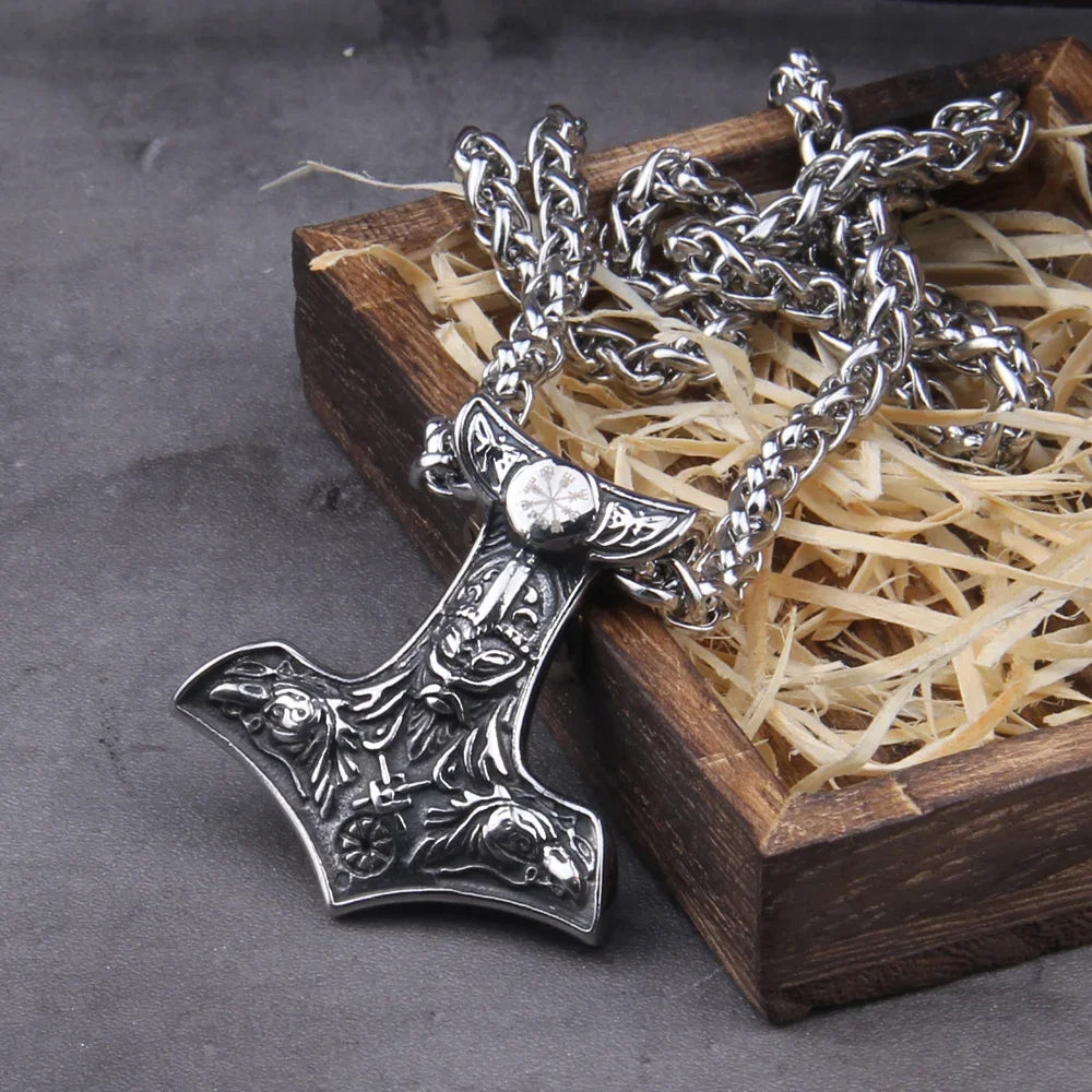 Men’s Stainless Steel Thor’s Hammer Valknut Pendant Necklace with Wooden Gift Box