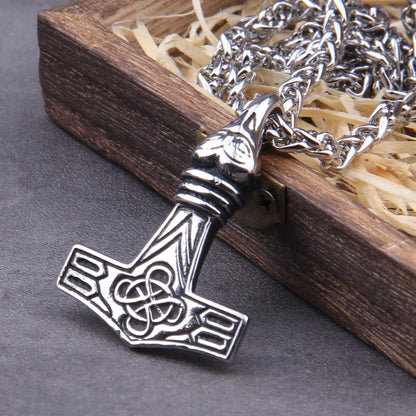 Men’s Stainless Steel Thor’s Hammer Valknut Pendant Necklace with Wooden Gift Box