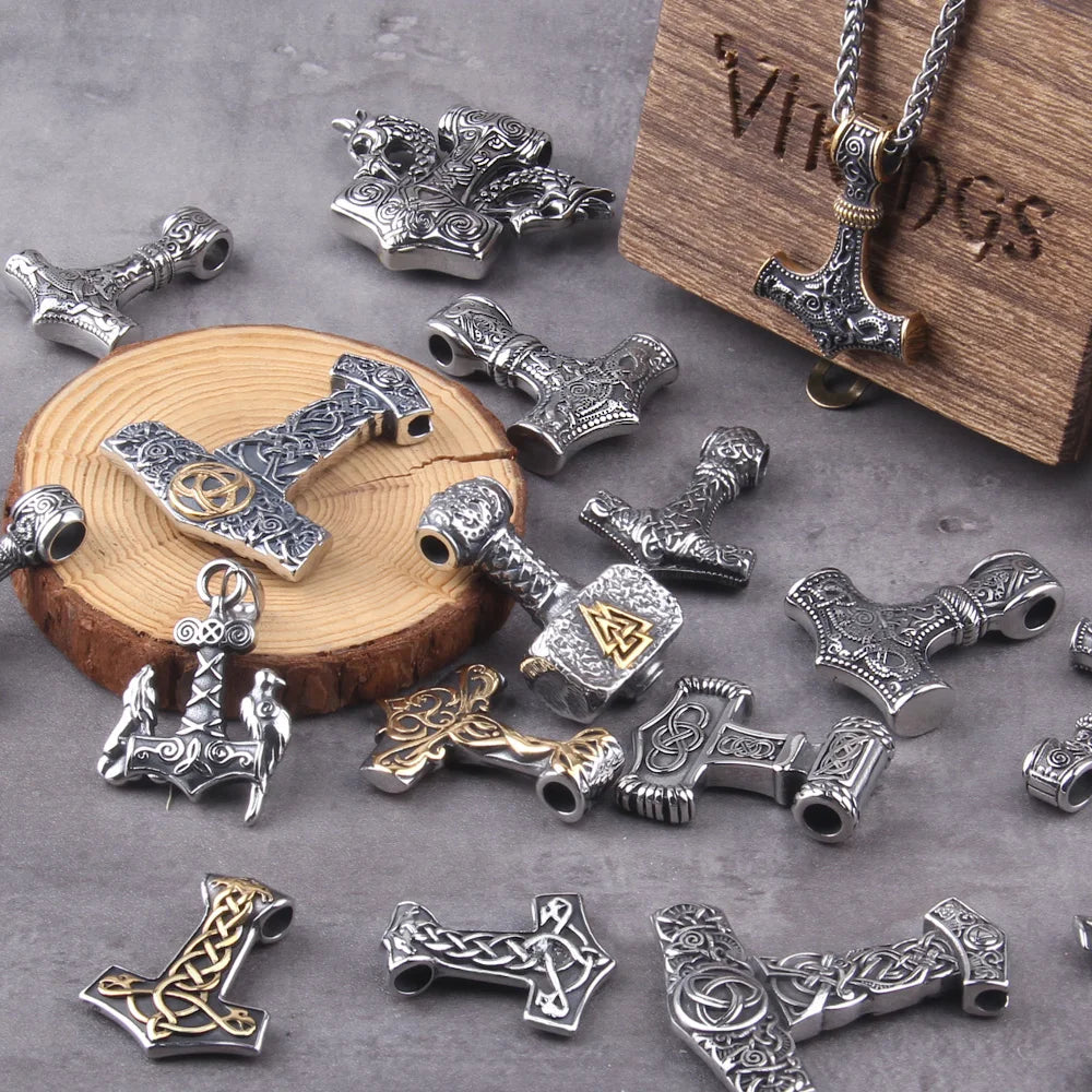 Men’s Stainless Steel Thor’s Hammer Valknut Pendant Necklace with Wooden Gift Box