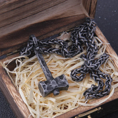 Men’s Stainless Steel Thor’s Hammer Valknut Pendant Necklace with Wooden Gift Box