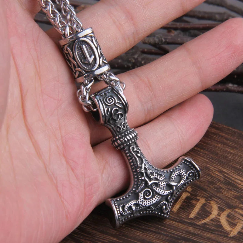 Men’s Stainless Steel Thor’s Hammer Valknut Pendant Necklace with Wooden Gift Box