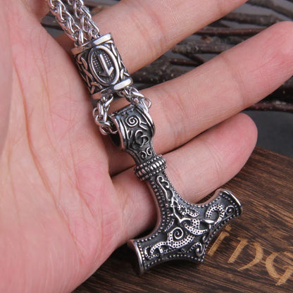 Men’s Stainless Steel Thor’s Hammer Valknut Pendant Necklace with Wooden Gift Box