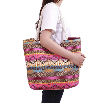 Women's Colorful Bohemian Zipper Large Capacity Canvas Tote Bag - Rebel Spirit Designs Women's Colorful Bohemian Zipper Large Capacity Canvas Tote Bag