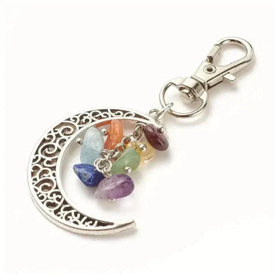 Chakra Balancing Crushed Gemstone Crescent Moon Keychain Clip 