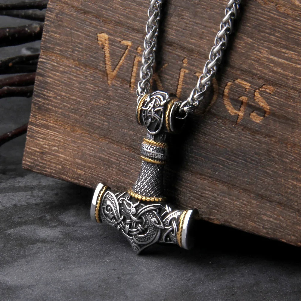 Men’s Stainless Steel Thor’s Hammer Valknut Pendant Necklace with Wooden Gift Box