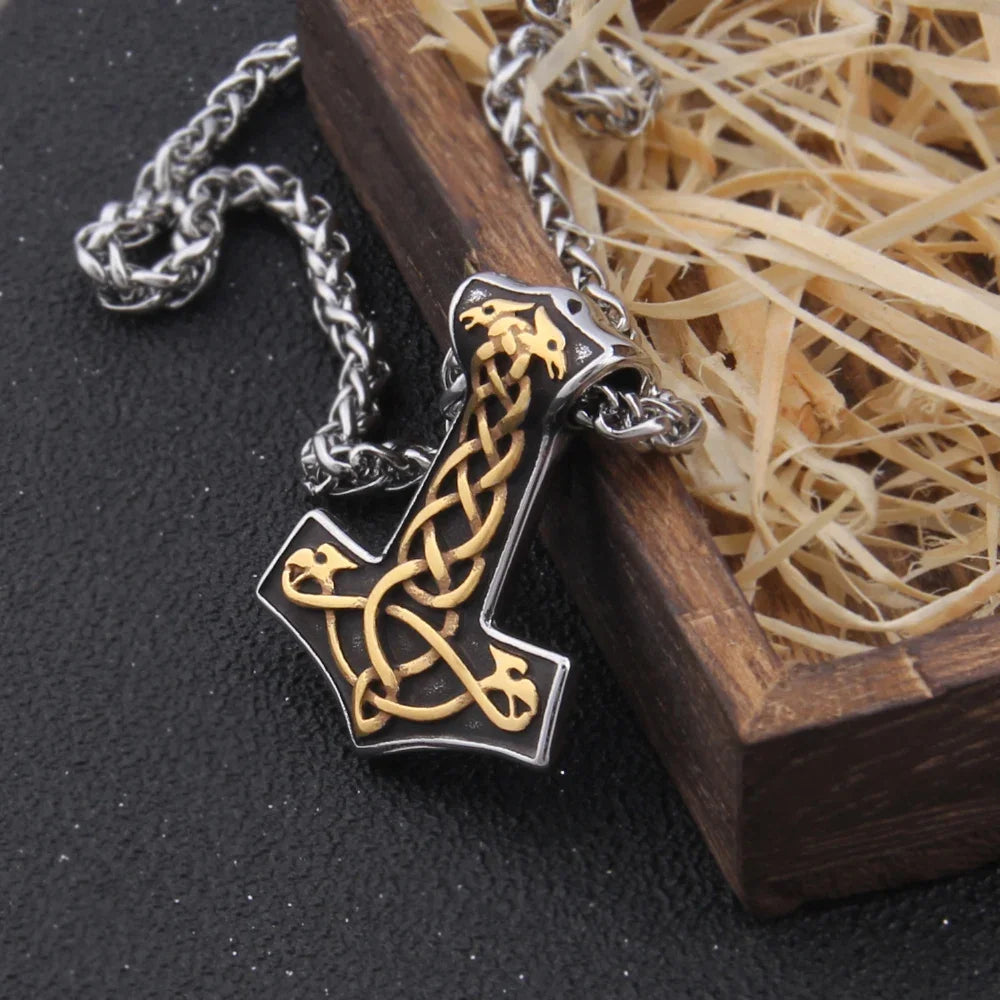 Men’s Stainless Steel Thor’s Hammer Valknut Pendant Necklace with Wooden Gift Box