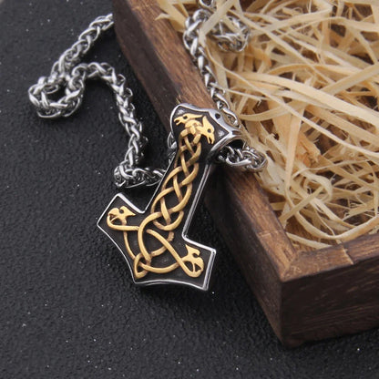 Men’s Stainless Steel Thor’s Hammer Valknut Pendant Necklace with Wooden Gift Box
