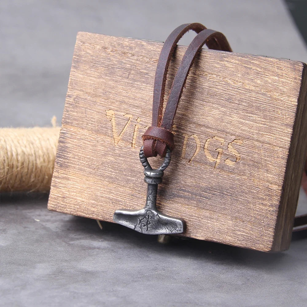 Men’s Stainless Steel Thor’s Hammer Valknut Pendant Necklace with Wooden Gift Box