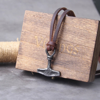 Men’s Stainless Steel Thor’s Hammer Valknut Pendant Necklace with Wooden Gift Box