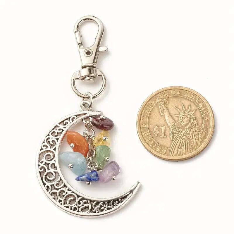 1pc Seven-Color Crushed Gemstone Crescent Moon Keychain Clip Charm - Rebel Spirit Designs 1pc Seven-Color Crushed Gemstone Crescent Moon Keychain Clip Charm