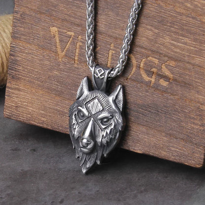 Men's Stainless Steel Viking Wolf Head Pendant Necklace with Wooden Gift Box