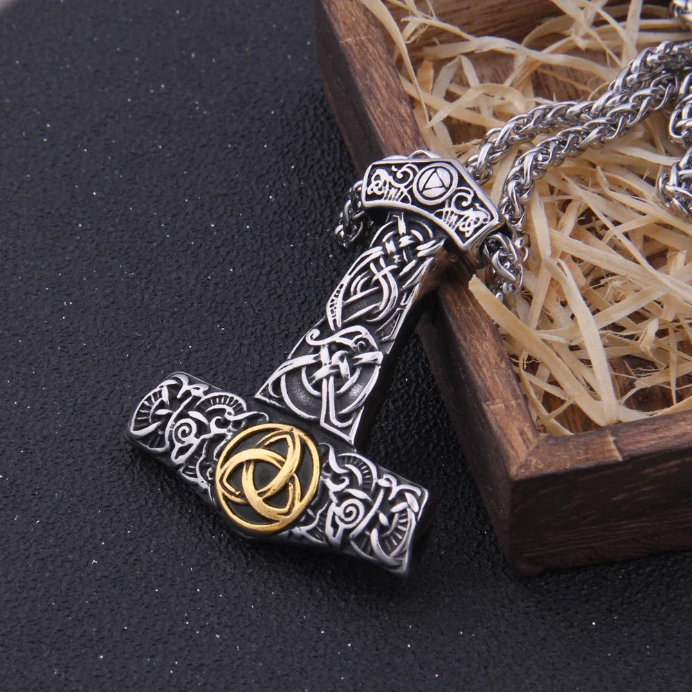 Men’s Stainless Steel Thor’s Hammer Valknut Pendant Necklace with Wooden Gift Box