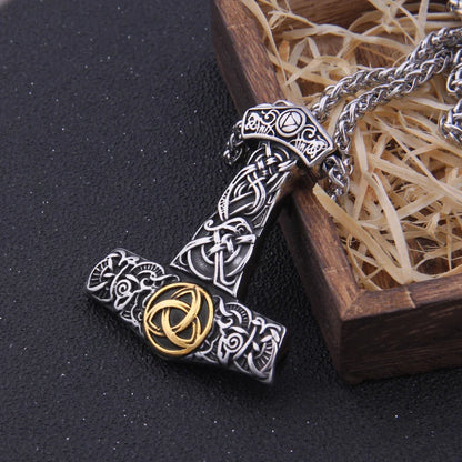 Men’s Stainless Steel Thor’s Hammer Valknut Pendant Necklace with Wooden Gift Box