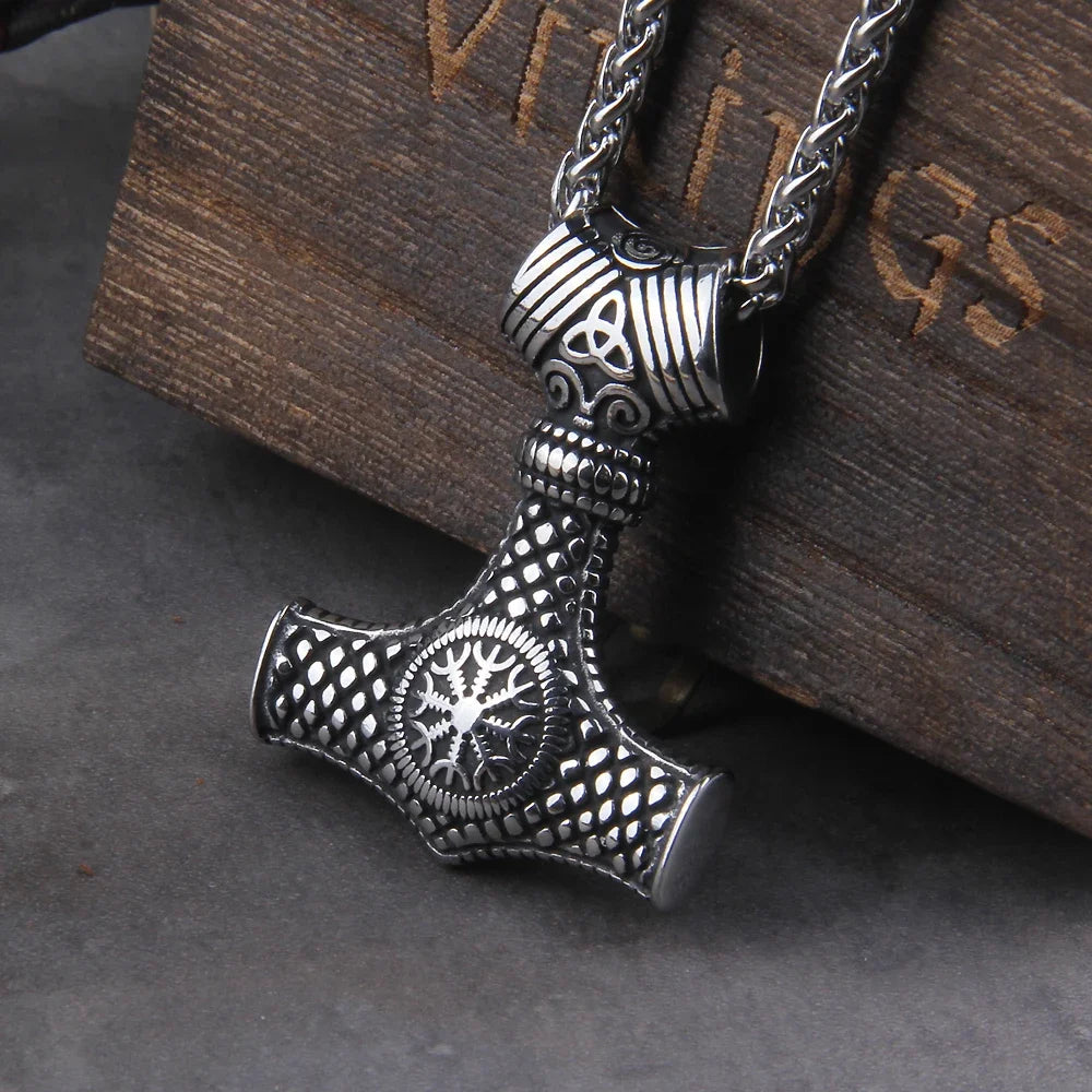 Men’s Stainless Steel Thor’s Hammer Valknut Pendant Necklace with Wooden Gift Box