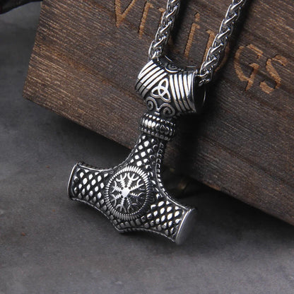 Men’s Stainless Steel Thor’s Hammer Valknut Pendant Necklace with Wooden Gift Box