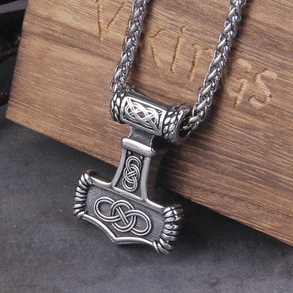 Men’s Stainless Steel Thor’s Hammer Valknut Pendant Necklace with Wooden Gift Box
