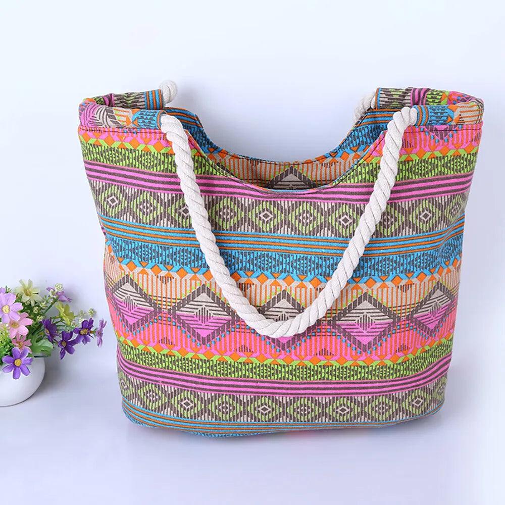 Women's Colorful Bohemian Zipper Large Capacity Canvas Tote Bag - Rebel Spirit Designs Women's Colorful Bohemian Zipper Large Capacity Canvas Tote Bag