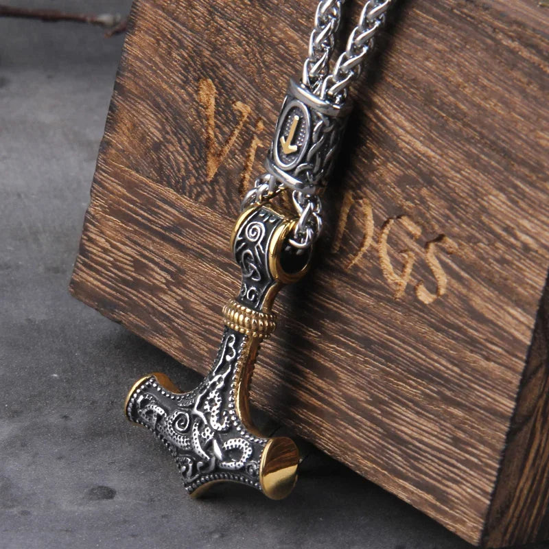 Men’s Stainless Steel Thor’s Hammer Valknut Pendant Necklace with Wooden Gift Box
