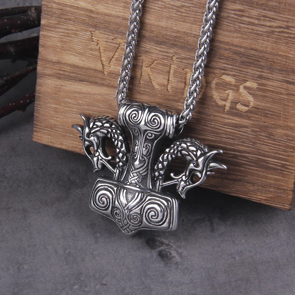 Men’s Stainless Steel Thor’s Hammer Valknut Pendant Necklace with Wooden Gift Box