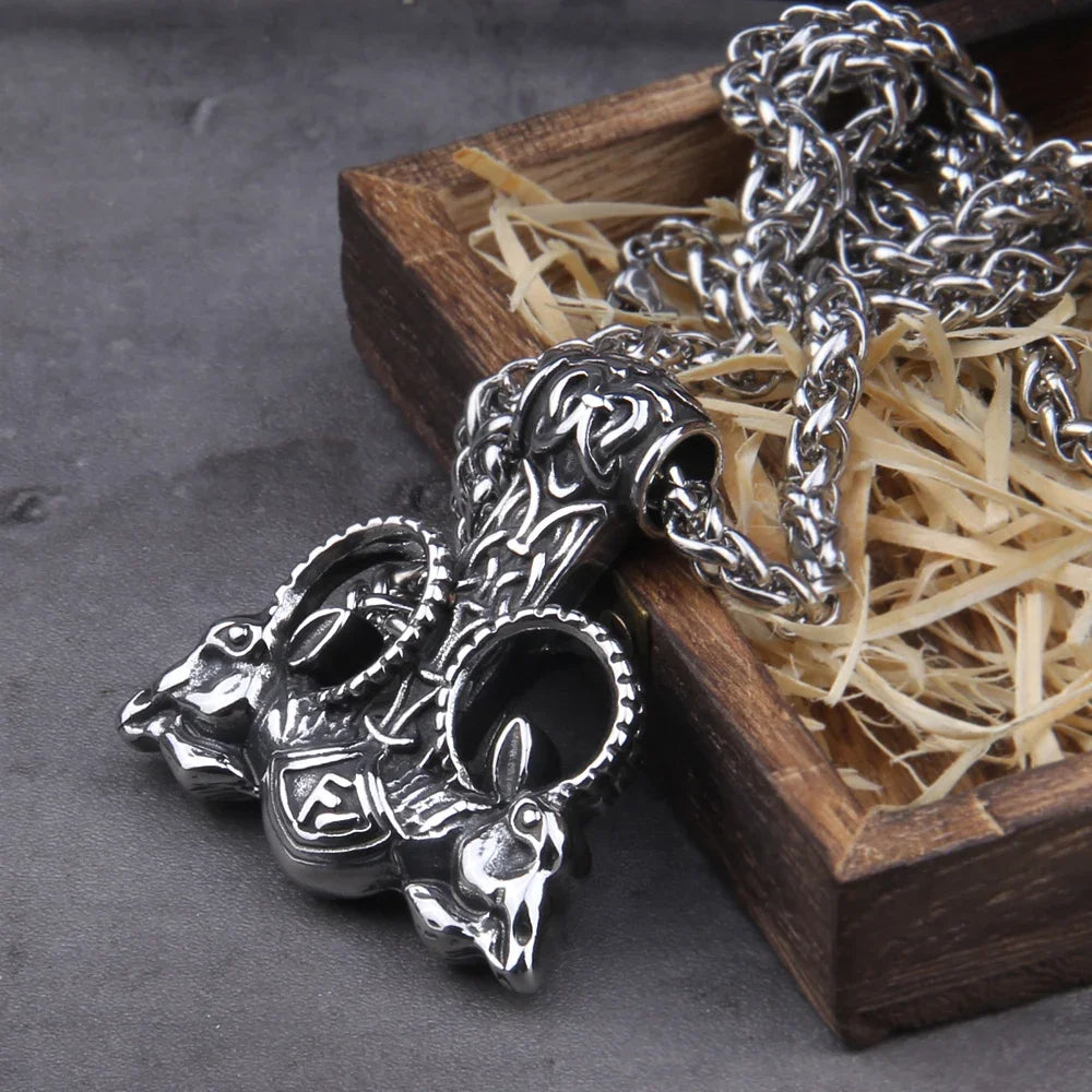Men’s Stainless Steel Thor’s Hammer Valknut Pendant Necklace with Wooden Gift Box