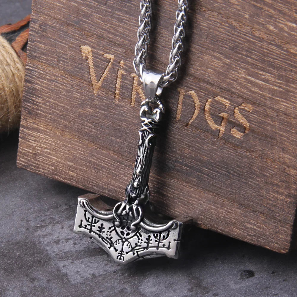 Men’s Stainless Steel Thor’s Hammer Valknut Pendant Necklace with Wooden Gift Box