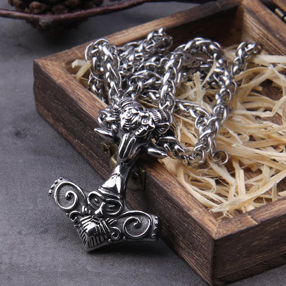 Men’s Stainless Steel Thor’s Hammer Valknut Pendant Necklace with Wooden Gift Box