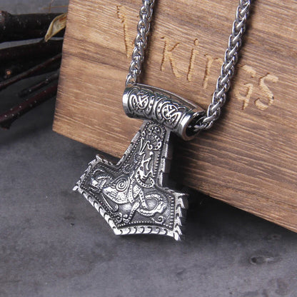 Men’s Stainless Steel Thor’s Hammer Valknut Pendant Necklace with Wooden Gift Box