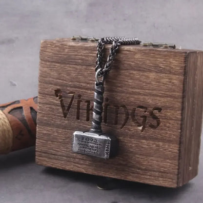 Men’s Stainless Steel Thor’s Hammer Valknut Pendant Necklace with Wooden Gift Box