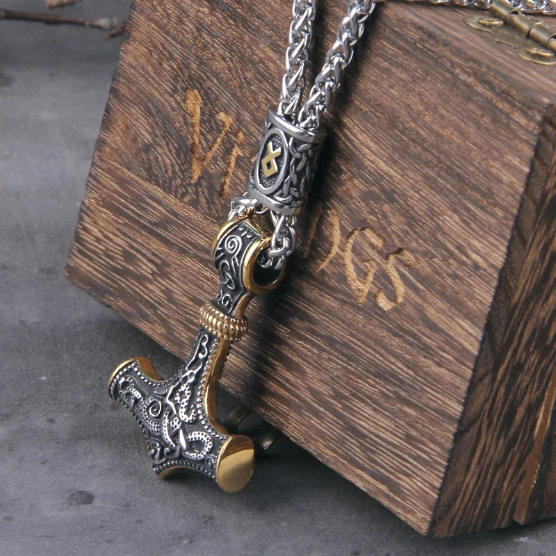 Men’s Stainless Steel Thor’s Hammer Valknut Pendant Necklace with Wooden Gift Box