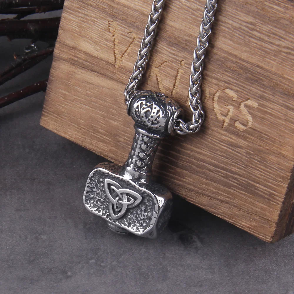Men’s Stainless Steel Thor’s Hammer Valknut Pendant Necklace with Wooden Gift Box