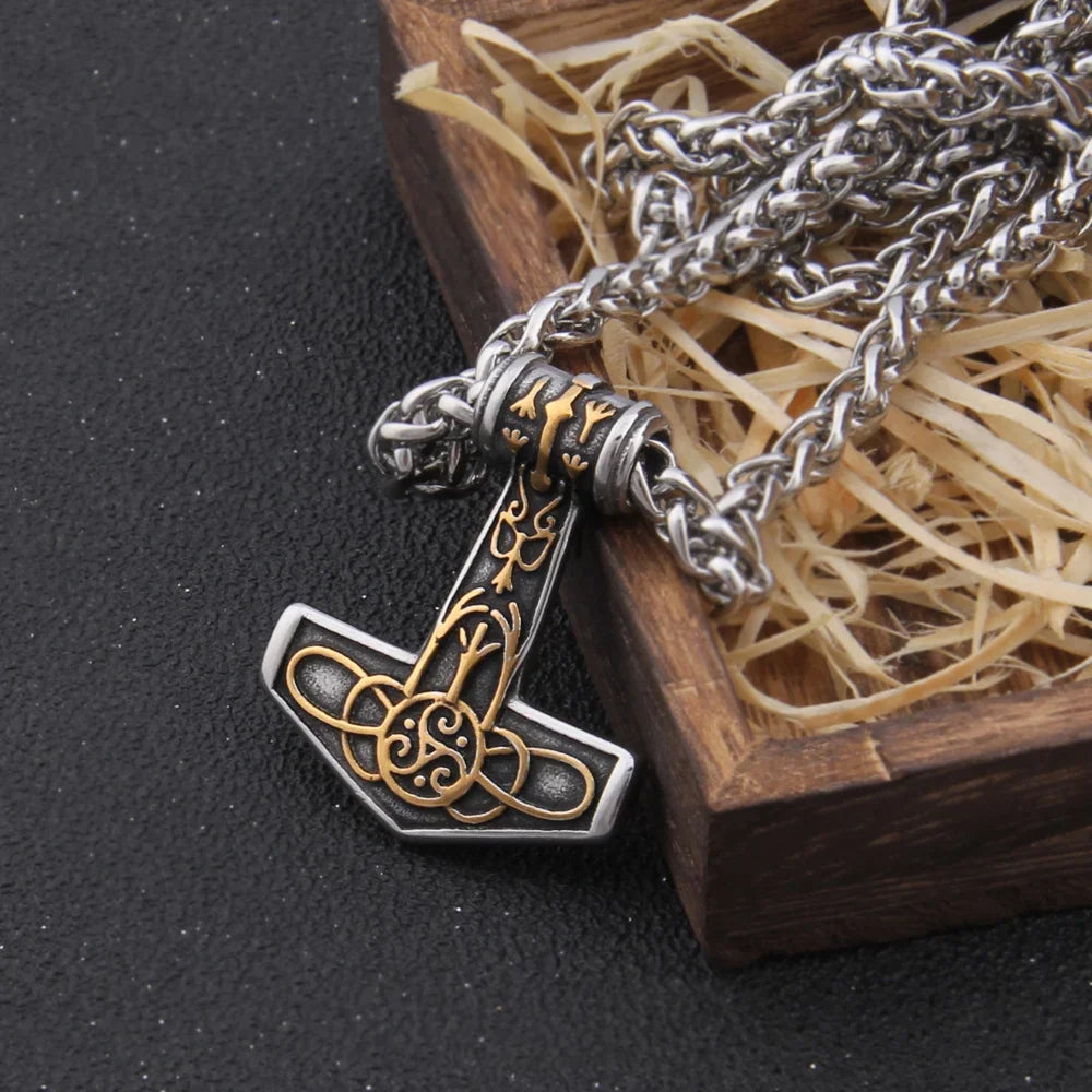 Men’s Stainless Steel Thor’s Hammer Valknut Pendant Necklace with Wooden Gift Box