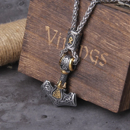 Men’s Stainless Steel Thor’s Hammer Valknut Pendant Necklace with Wooden Gift Box