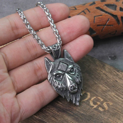 Men's Stainless Steel Viking Wolf Head Pendant Necklace with Wooden Gift Box