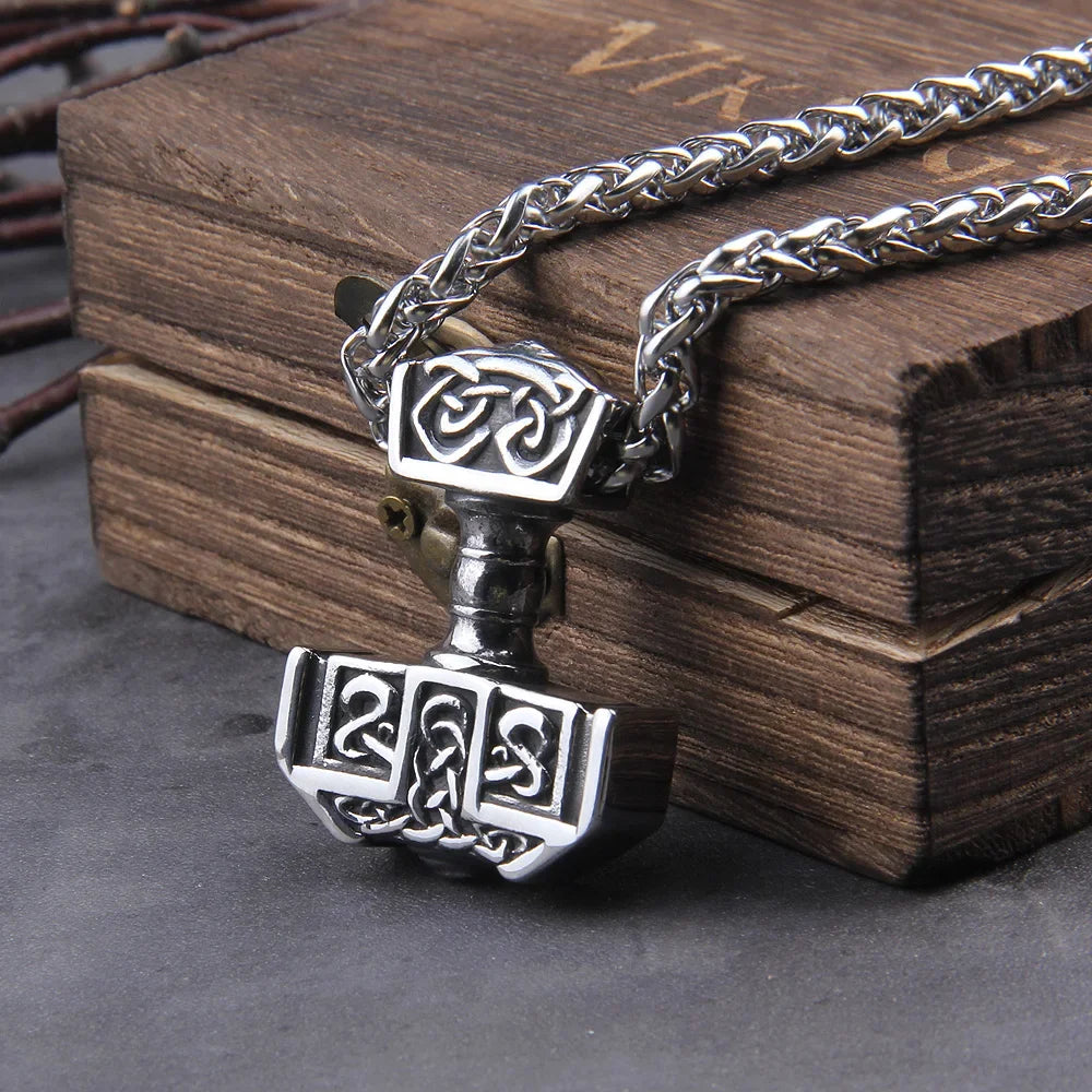 Men’s Stainless Steel Thor’s Hammer Valknut Pendant Necklace with Wooden Gift Box
