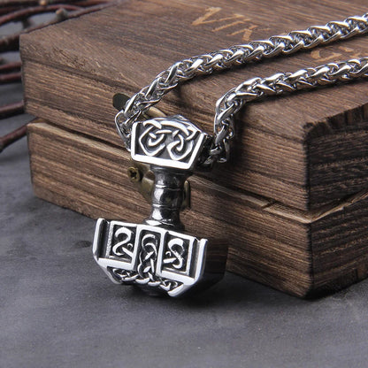 Men’s Stainless Steel Thor’s Hammer Valknut Pendant Necklace with Wooden Gift Box