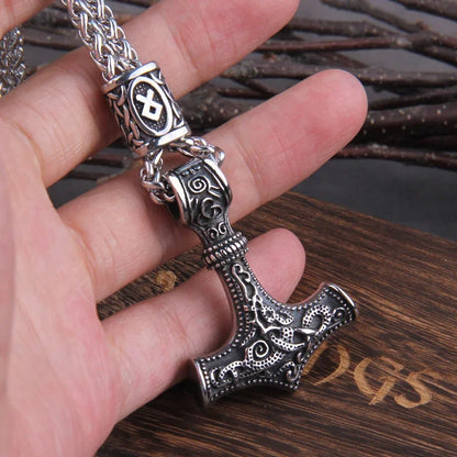 Men’s Stainless Steel Thor’s Hammer Valknut Pendant Necklace with Wooden Gift Box