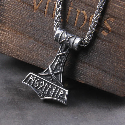 Men’s Stainless Steel Thor’s Hammer Valknut Pendant Necklace with Wooden Gift Box