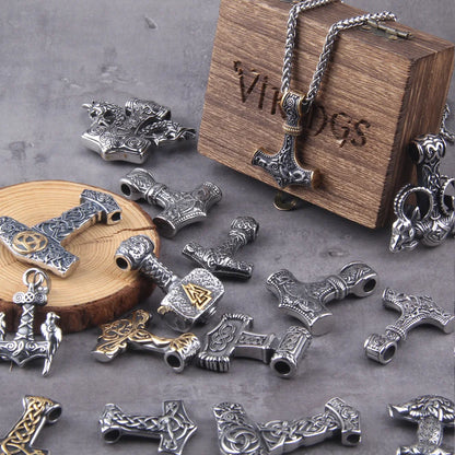 Men’s Stainless Steel Thor’s Hammer Valknut Pendant Necklace with Wooden Gift Box