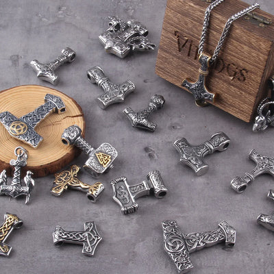 Men’s Stainless Steel Thor’s Hammer Valknut Pendant Necklace with Wooden Gift Box