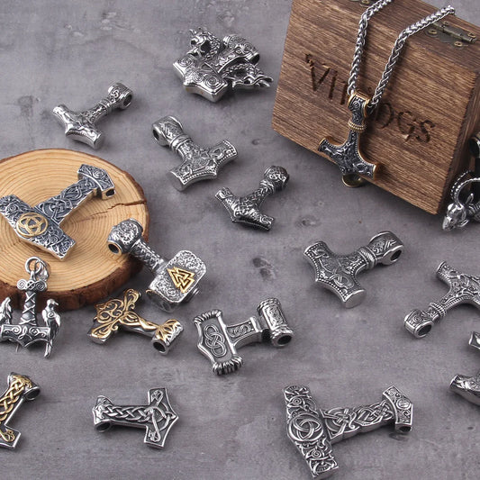 Men’s Stainless Steel Thor’s Hammer Valknut Pendant Necklace with Wooden Gift Box