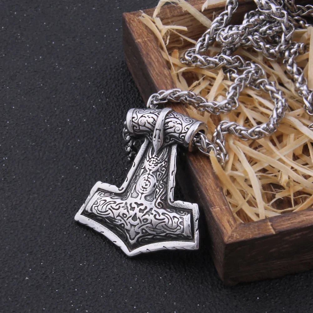 Men’s Stainless Steel Thor’s Hammer Valknut Pendant Necklace with Wooden Gift Box