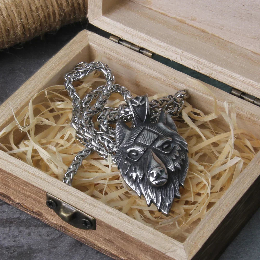 Men's Stainless Steel Viking Wolf Head Pendant Necklace with Wooden Gift Box
