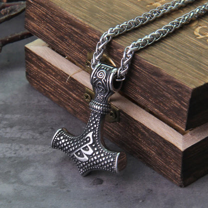 Men’s Stainless Steel Thor’s Hammer Valknut Pendant Necklace with Wooden Gift Box