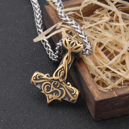 Men’s Stainless Steel Thor’s Hammer Valknut Pendant Necklace with Wooden Gift Box