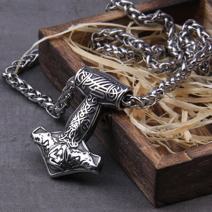 Men’s Stainless Steel Thor’s Hammer Valknut Pendant Necklace with Wooden Gift Box