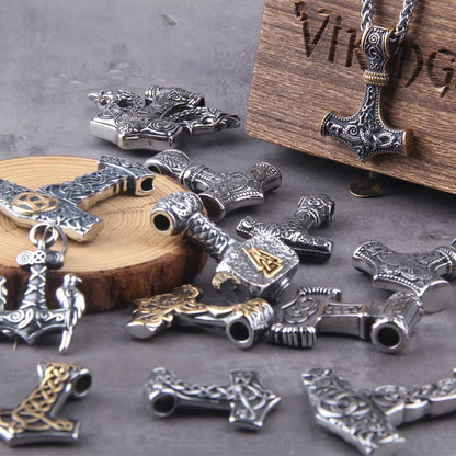 Men’s Stainless Steel Thor’s Hammer Valknut Pendant Necklace with Wooden Gift Box