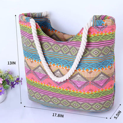 Women's Colorful Bohemian Zipper Large Capacity Canvas Tote Bag - Rebel Spirit Designs Women's Colorful Bohemian Zipper Large Capacity Canvas Tote Bag