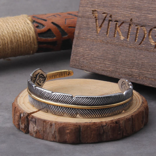Men’s Vintage Stainless Steel Feather Adjustable Open Cuff Bracelet with Wooden Gift Box