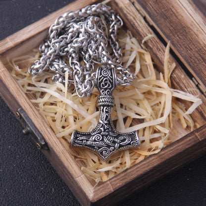 Men’s Stainless Steel Thor’s Hammer Valknut Pendant Necklace with Wooden Gift Box