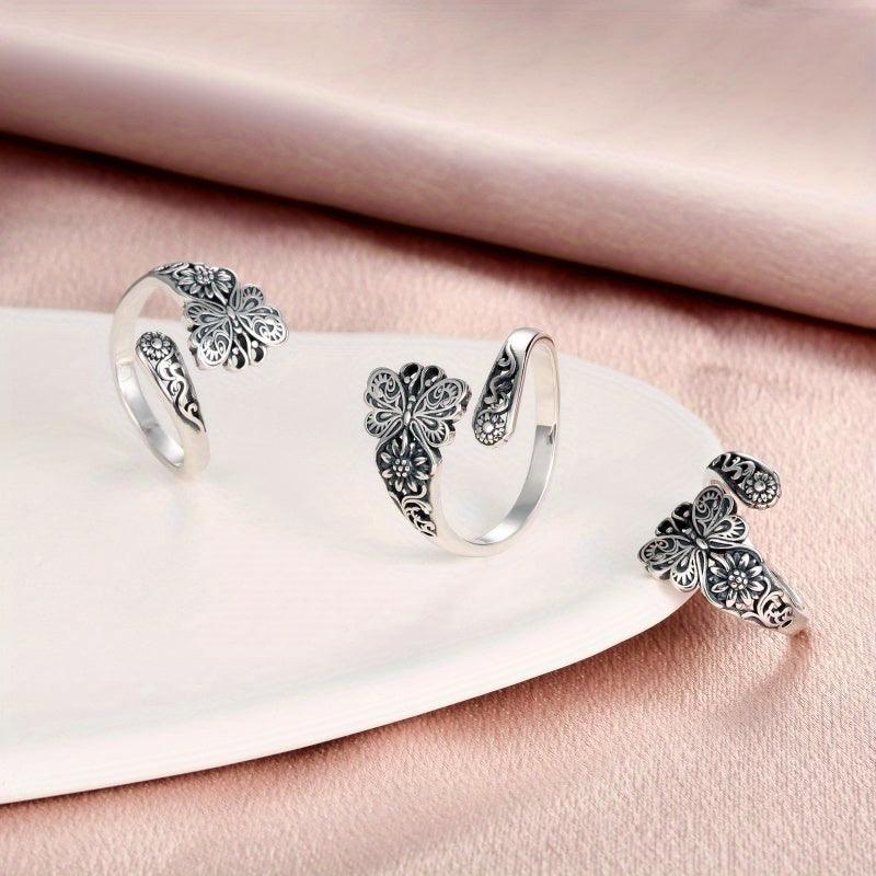 Vintage Floral Butterfly Adjustable Silver Spoon Ring